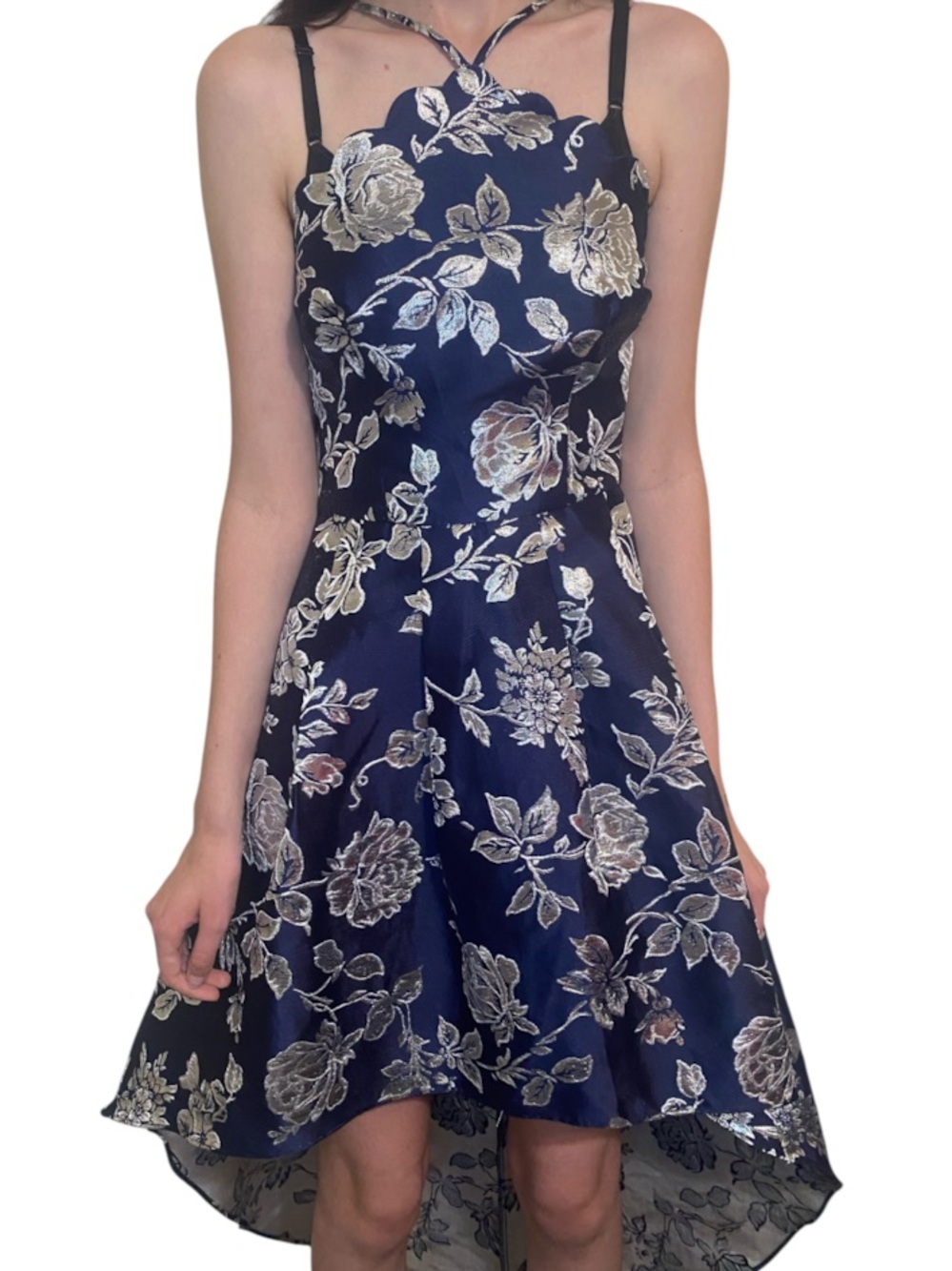 by & by Navy High-Low Floral Halter Dress with Silver Jacquard junior size 3